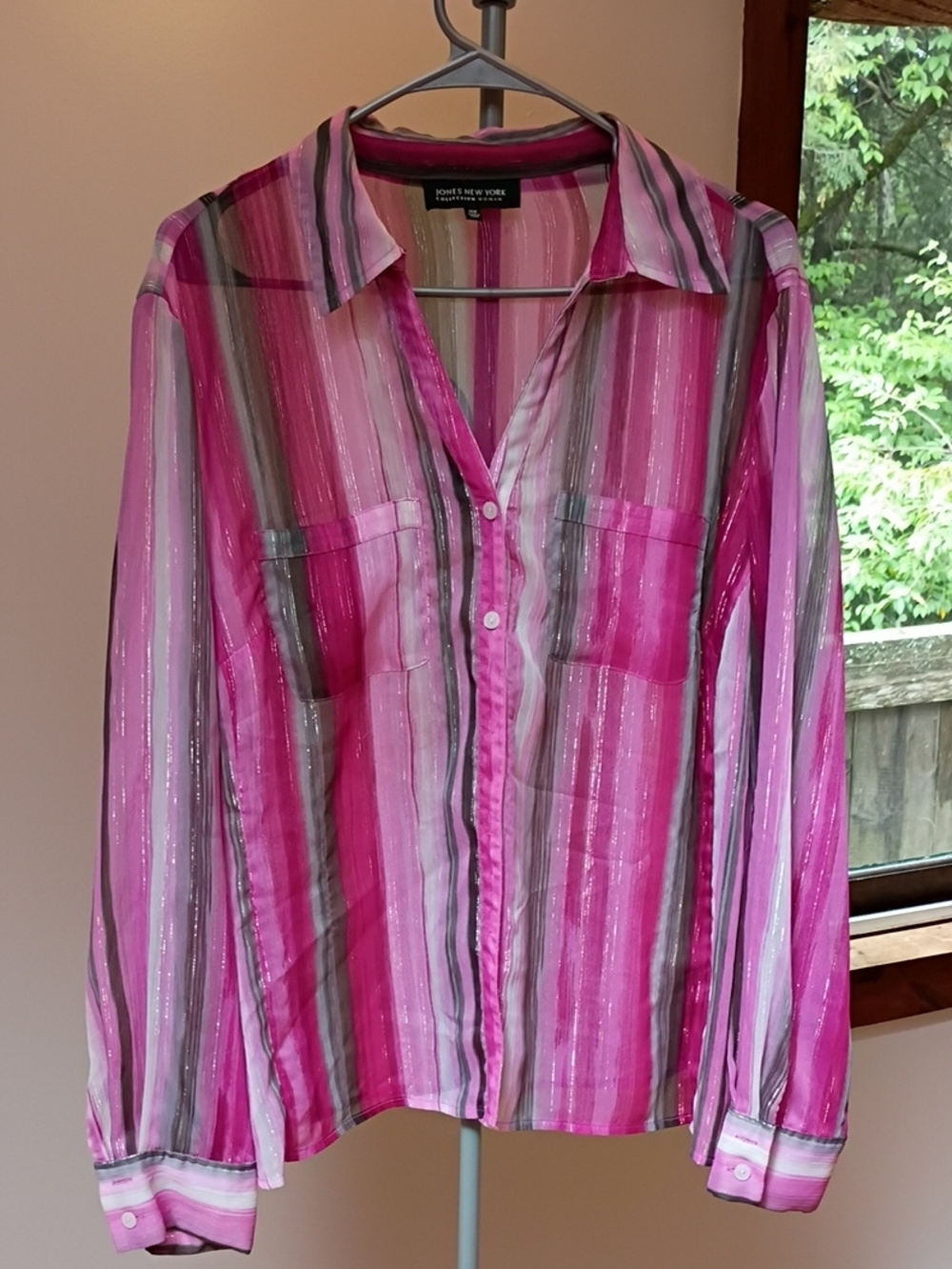 Jones New York Pink and Gray Striped Button-Down Shirt